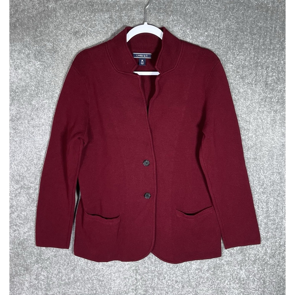 Lands End Button Up Cardigan Sweater Womens Size Medium 10-12 Dark Red Pockets‎